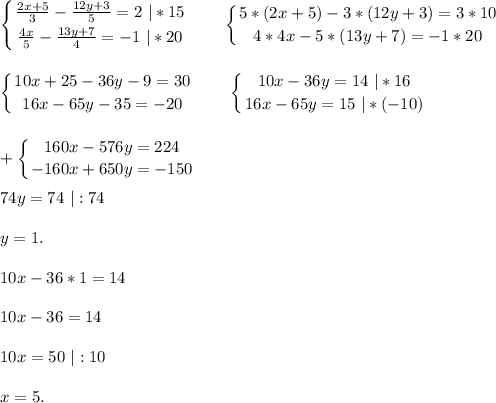 \displaystyle\\\left \{ {{\frac{2x+5}{3} -\frac{12y+3}{5}=2\ |*15 } \atop {\frac{4x}{5}-\frac{13y+7}{4} =-1\ |*20 }} \right. \ \ \ \ \ \ \left \{ {{5*(2x+5)-3*(12y+3)=3*10} \atop {4*4x-5*(13y+7)=-1*20}} \right. left \{ {{10x+25-36y-9=30} \atop {16x-65y-35=-20}} \right. \ \ \ \ \ \ \left \{ {{10x-36y=14\ |*16} \atop {16x-65y=15\ |*(-10)}} \right. +\left \{ {{160x-576y=224} \atop {-160x+650y=-150}} \right. 74y=74\ |:74y=1.10x-36*1=1410x-36=1410x=50\ |:10x=5.