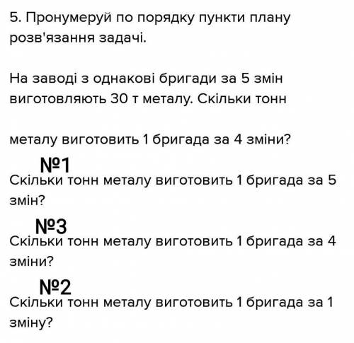 5. Пронумеруй по порядку пункти плану розв'язання задачі. На заводі з однакові бригади за 5 змін виг