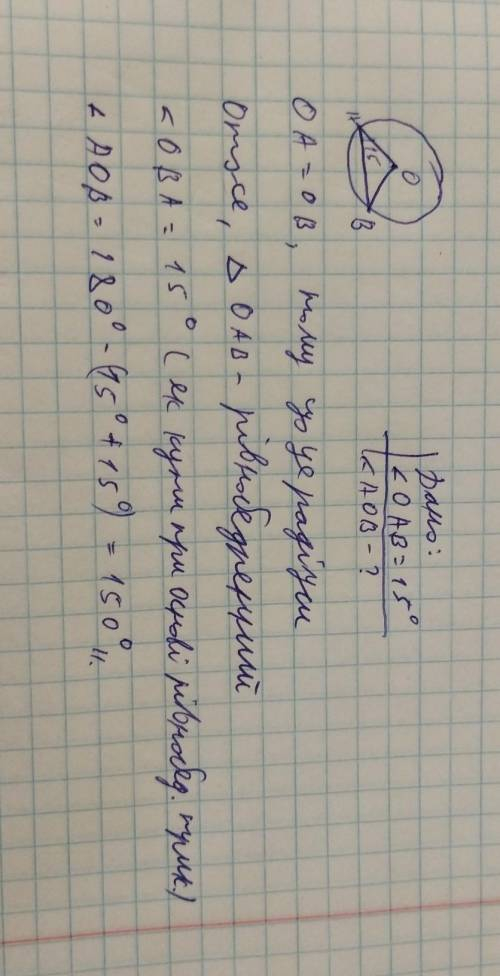 ів У колі з центром у точці O проведено хорду AB, кут OAB=15°. Знайти кут AOB