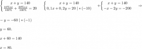 \displaystyle\\\left \{ {{x+y=140} \atop {\frac{10\%*x}{100\%} +\frac{20\%*x}{100\%}=20 } \right. \ \ \ \ \ \ \left \{ {{x+y=140} \atop {0,1x+0,2y=20\ |*(-10)}} \right.\ \ \ \ \ \ +\left \{ {{x+y=140} \atop {-x-2y=-200}} \right. \ \ \ \ \ \ \Rightarrow-y=-60\ |*(-1)y=60.x+60=140x=80.