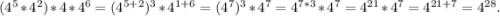 (4^5*4^2)*4*4^6=(4^{5+2})^3*4^{1+6}=(4^7)^3*4^7=4^{7*3}*4^7=4^{21}*4^7=4^{21+7}=4^{28}.